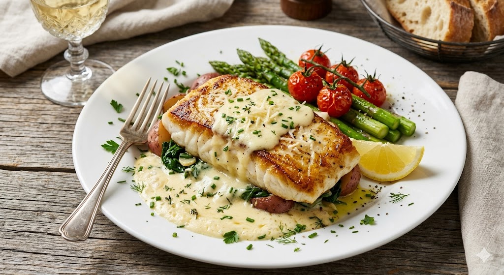 Pescado con salsa de queso suizo